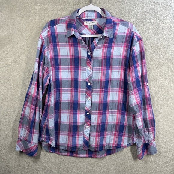 Tommy Bahama Tops - Tommy Bahama Button Front Plaid Shirt Women's M Pink Blue Tencel Casual